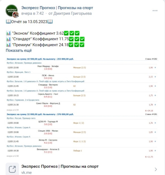 Обзор группы VK Экспресс прогноз | Прогнозы на спорт – отзывы о Дмитрии Григорьеве