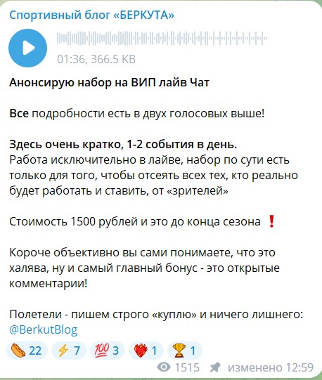 Обзор канала Telegram Спортивный блог БЕРКУТА – реальные отзывы
