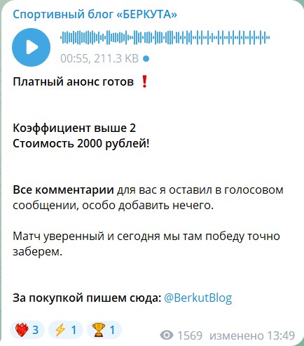 Обзор канала Telegram Спортивный блог БЕРКУТА – реальные отзывы