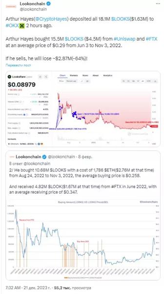 Перевод Артура Хейса 18,1 млн токенов LooksRare на OKX взволновал сообщество