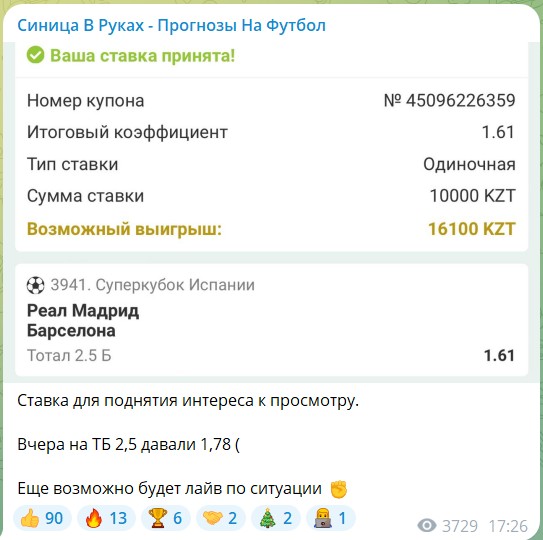 Каналы Telegram Синица В Руках и Журавль в небе – отзывы о прогнозах на футбол