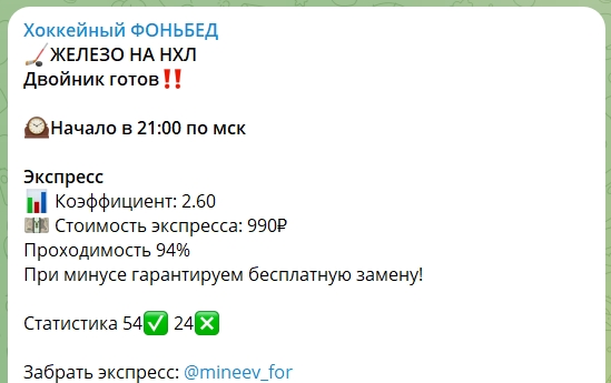 Канал Telegram Хоккейный ФОНЬБЕД (Владимир Минеев) – реальные отзывы