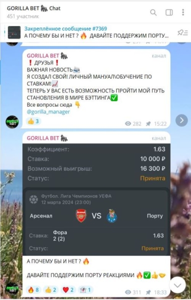 GORILLA BET — платные прогнозы на спорт в ТГ, отзывы