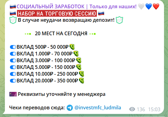 Канал Telegram Социальный заработок | Только для наших – отзывы о Людмиле investmfc_ludmila